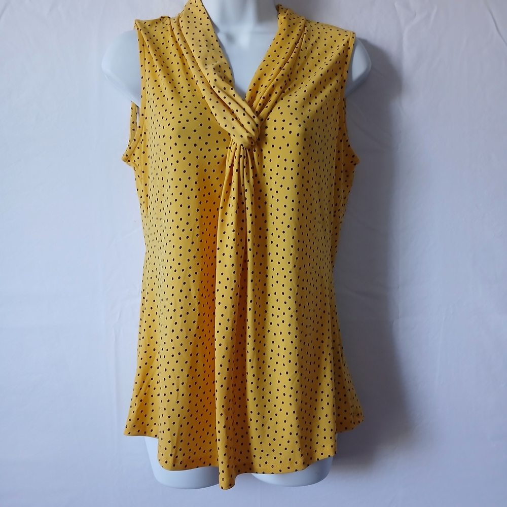 Premise Top Yellow Black Dots V Neck Knot Sleeveless  Sz‎ L  NWT Career Office